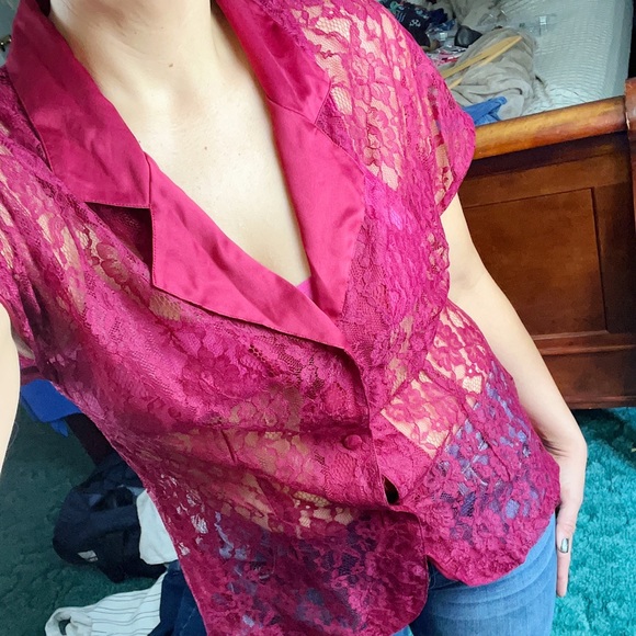 Victoria’s Secret Burgundy Red Lace Short Sleeve Pajama Shirt Button Down Large - Picture 2 of 9